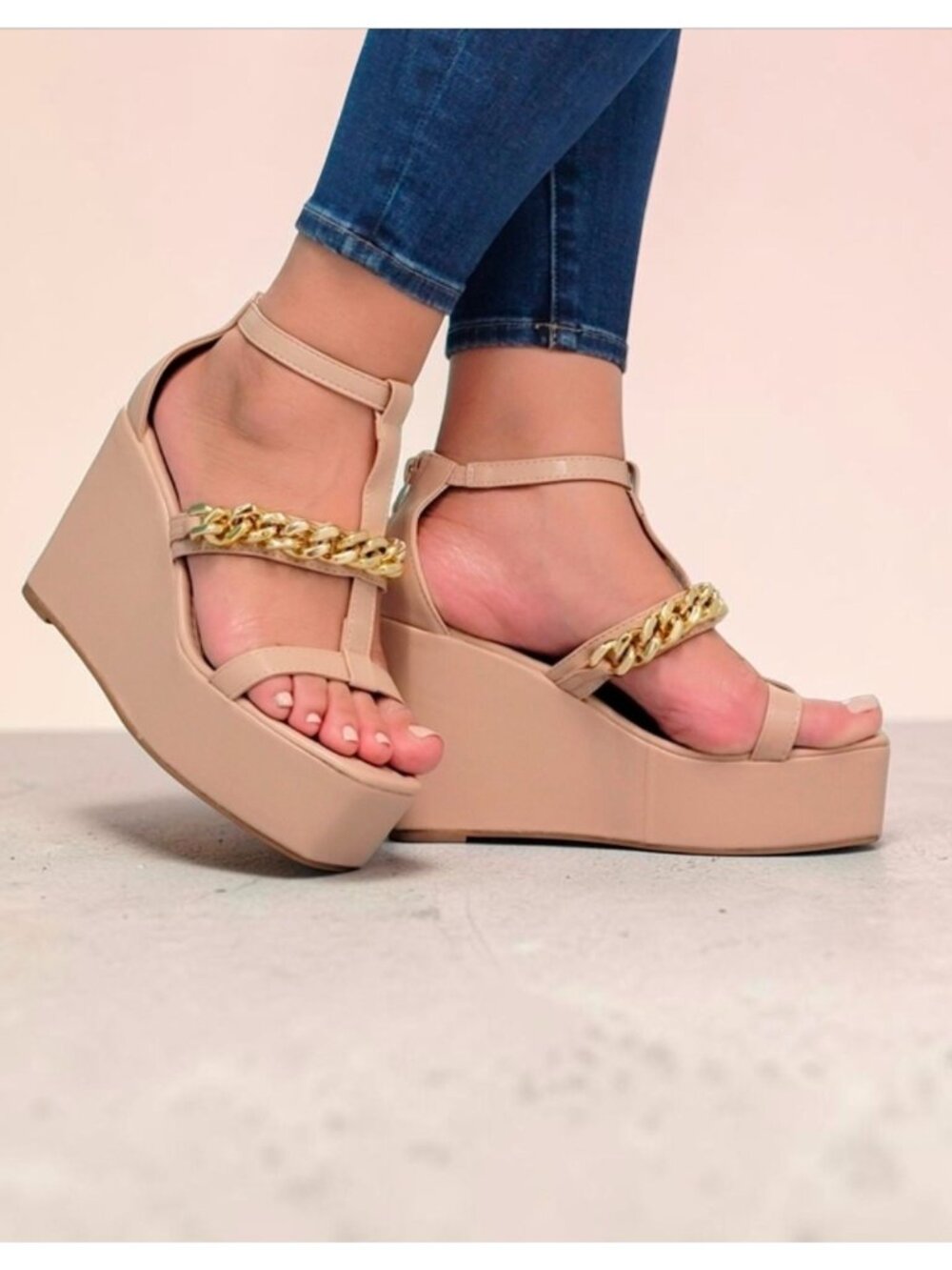 Gold Chain Nude Wedge Sandals With Ankle Strap & Open Toe Design For Women